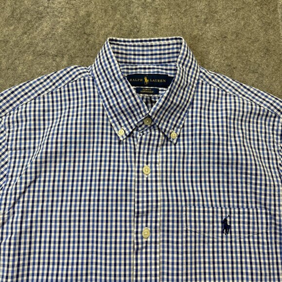 Ralph Lauren Seersucker Shirt Men M Blue White Check Slim Fit - Picture 1 of 13